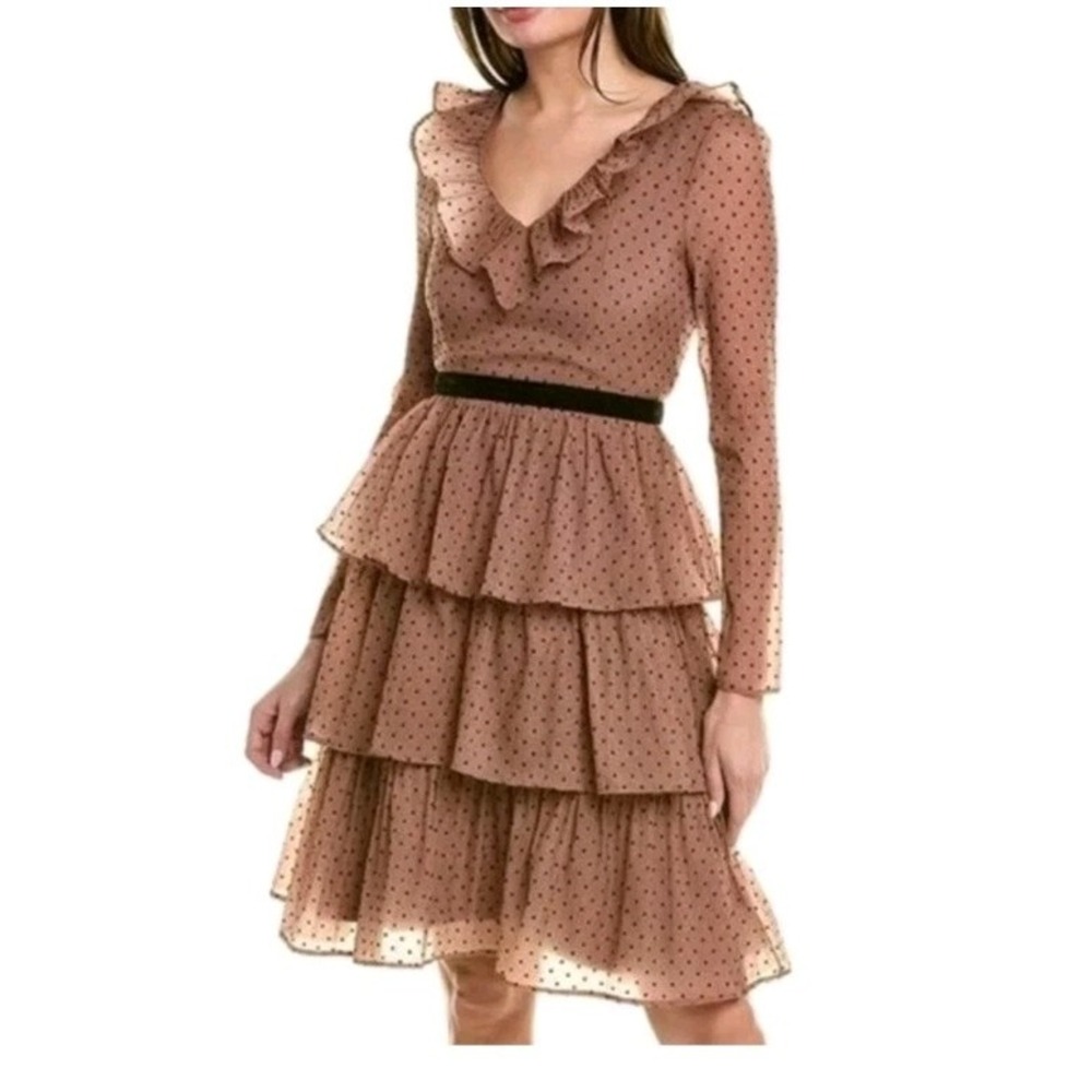 Rachel Parcell Ruffle Tiered Brown Black Polka Dot Long Sleeve Dress Size 2